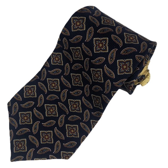 Tommy Hilfiger Navy Blue Yellow Paisley Star Necktie Geometric Silk USA VTG 90s - Picture 8 of 8